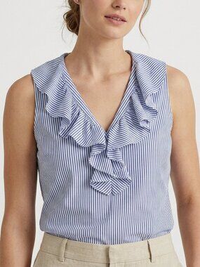 LAUREN JEANS COMPANY sleeveless ruffle striped blue & white shirt. EUC